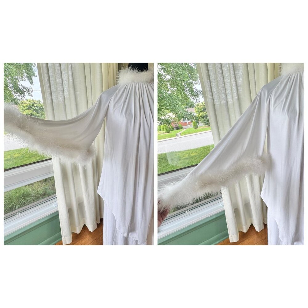 RARE vintage 1970s peignoir, marabou feather trim, angel sleeves, glam Hollywood - Picture 2 of 9